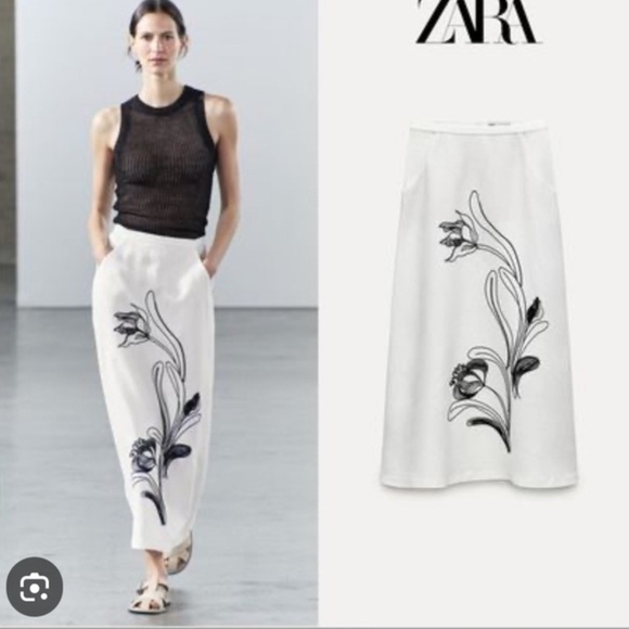 Zara Dresses & Skirts - NWOT Zara $109 Collection Linen Skirt Contrast Embroidery White. Size L